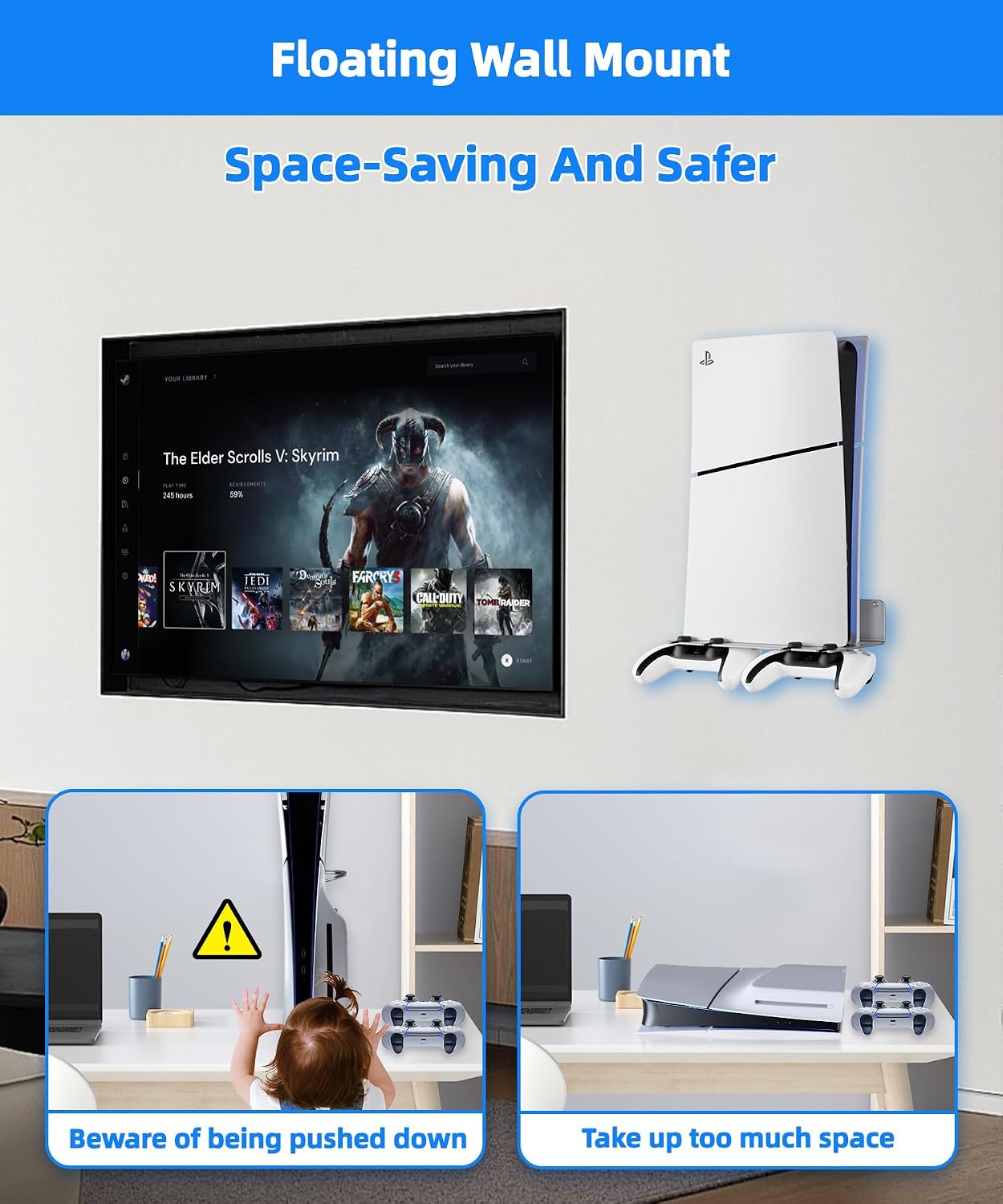 Thumbnail 5 de Bricok PS5 Wall Mount (Aluminium Alloy) for All PS5 Generations, Holds Two Controllers – Silver
