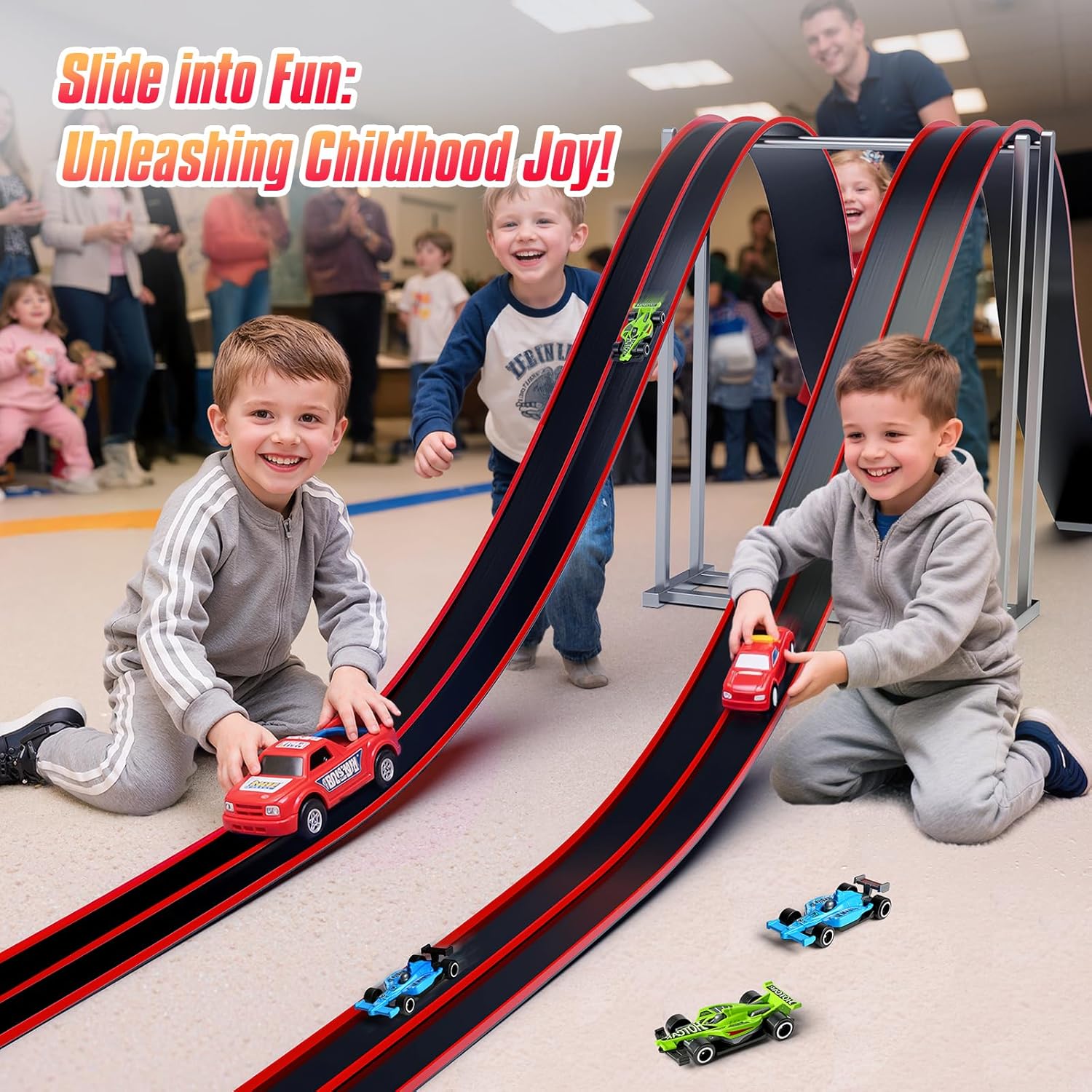 Thumbnail 2 de Hot Bee 14.7ft flexible race track for 1:64 diecast cars (dual-lane, suction cups, portable wall ramps)