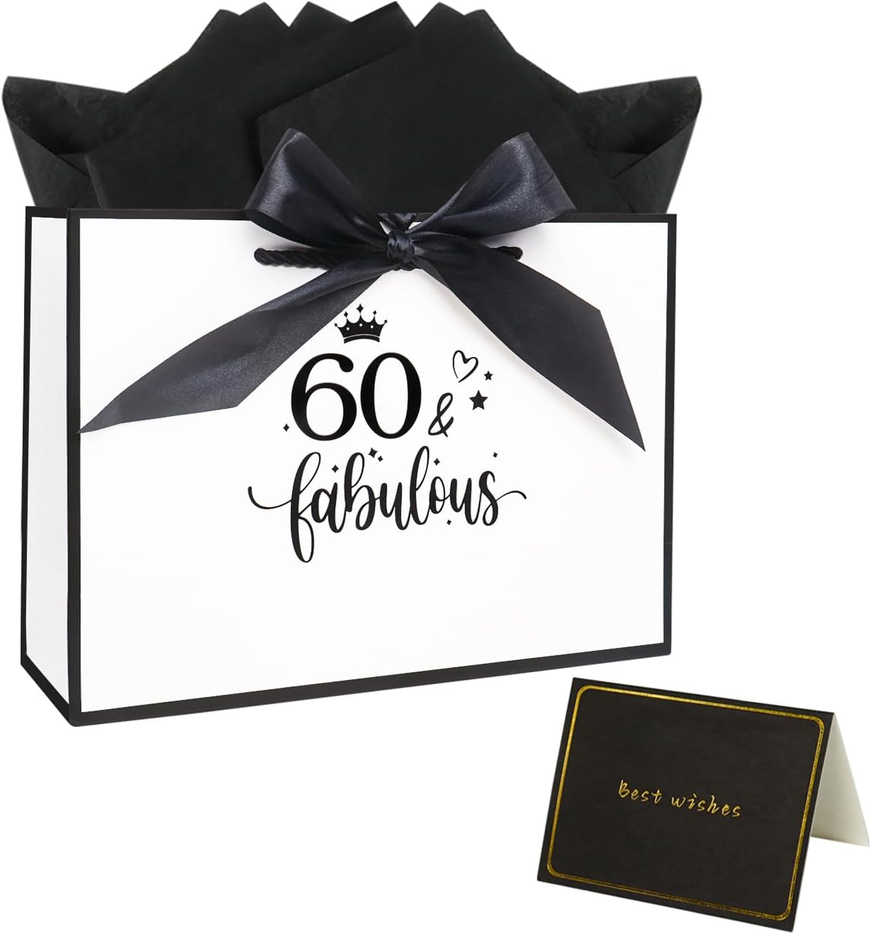 Detalle de 11.0× 8.0× 4.0 Inches 60th Birthday Gift Bag for Women – White Paper Gift Bag with Tissue Paper and Card