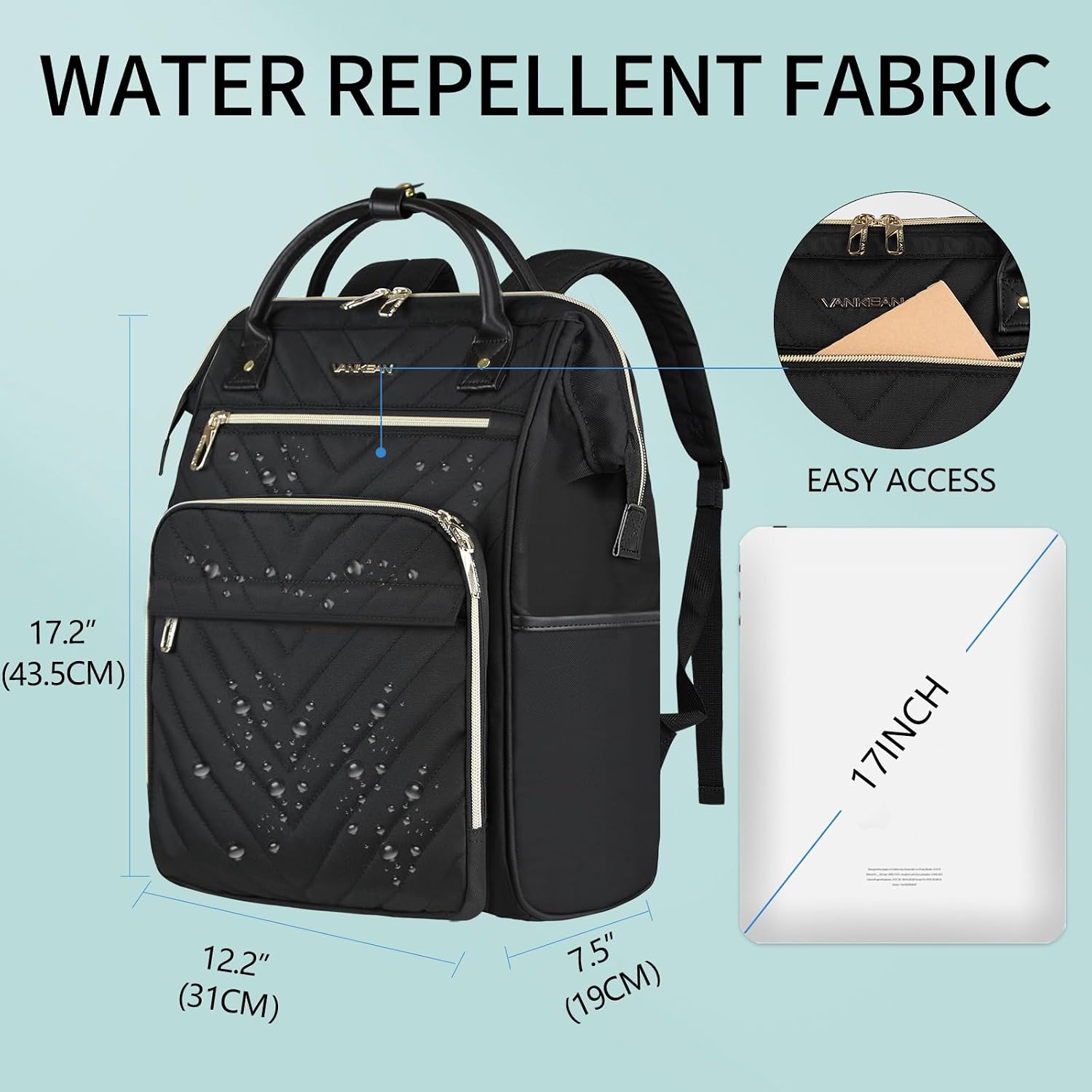 Detalle de VANKEAN 17.3 Inch Laptop Backpack for Women – Water-Resistant, RFID Blocking, 4-Compartment Daypack