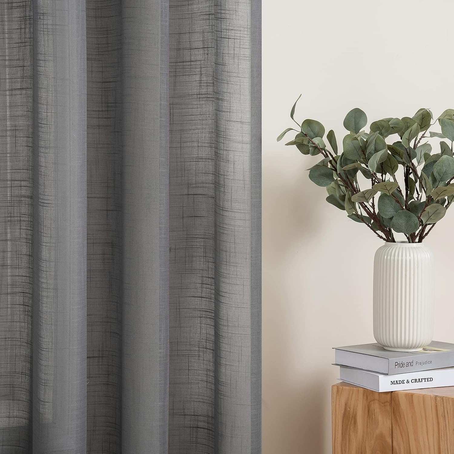 Detalle de MIULEE 2er Set Voile Vorhang – Leinenvorhang Optik, Ösen, 140x225 cm, Dunkelgrau