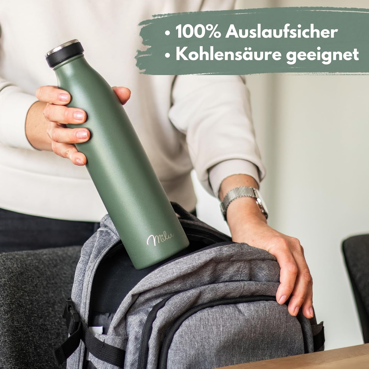 Detalle de Milu Edelstahl Trinkflasche 750ml – auslaufsicher, doppelwandige Vakuumisolierung, inkl. Reinigungsbürste