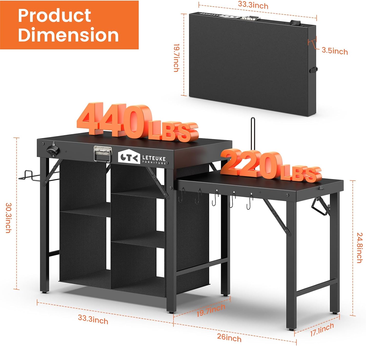 Detalle 2 de Leteuke OTG-01 Folding Grill Table with Storage Shelves and Hooks