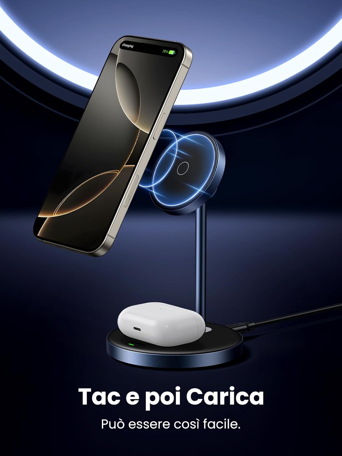 Detalle de UGREEN Zapix Caricatore Wireless MagSafe 2-in-1: ricarica iPhone e AirPods con angolo regolabile
