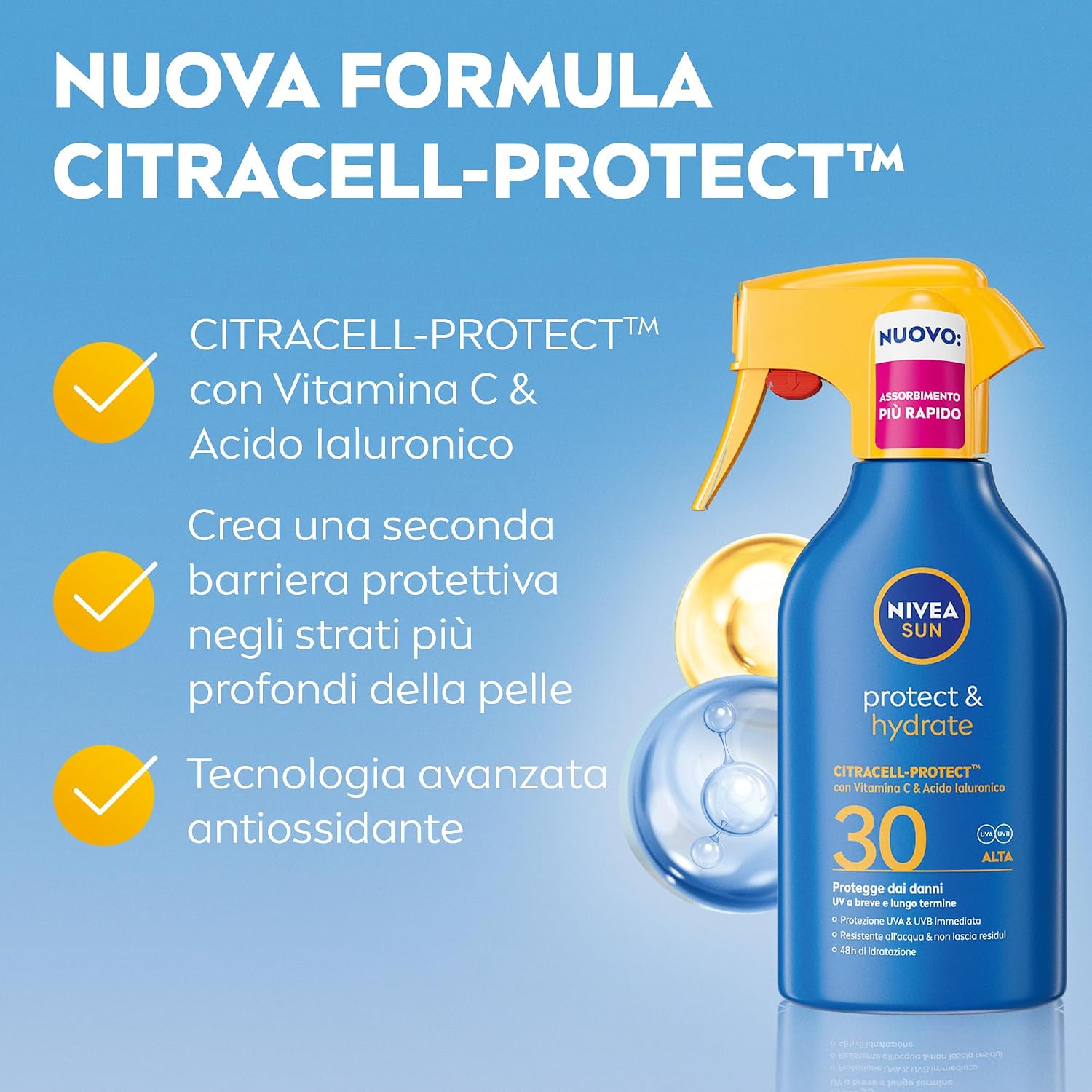 Detalle de NIVEA SUN Protect & Hydrate Spray Solare SPF 30 250 ml – protezione UVA/UVB, idratazione 48h e assorbimento rapido