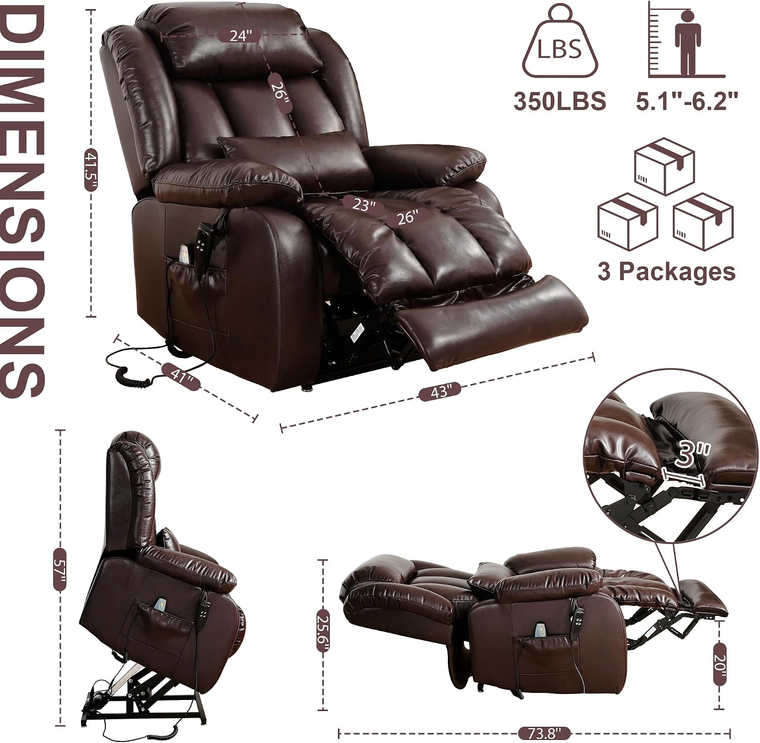 Detalle de EDILLY RVL003 Power Lift Recliner, X-Large Genuine Leather, Heated Massage