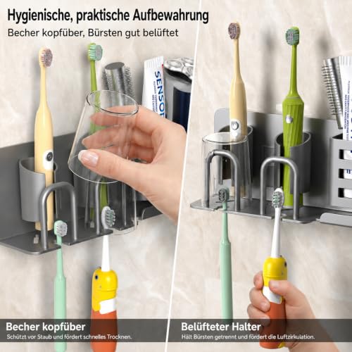 Detalle de KEXIBO Zahnbürstenhalter Wand Ohne Bohren – Aluminium, Klebehalterung für 2 Becher, Grau