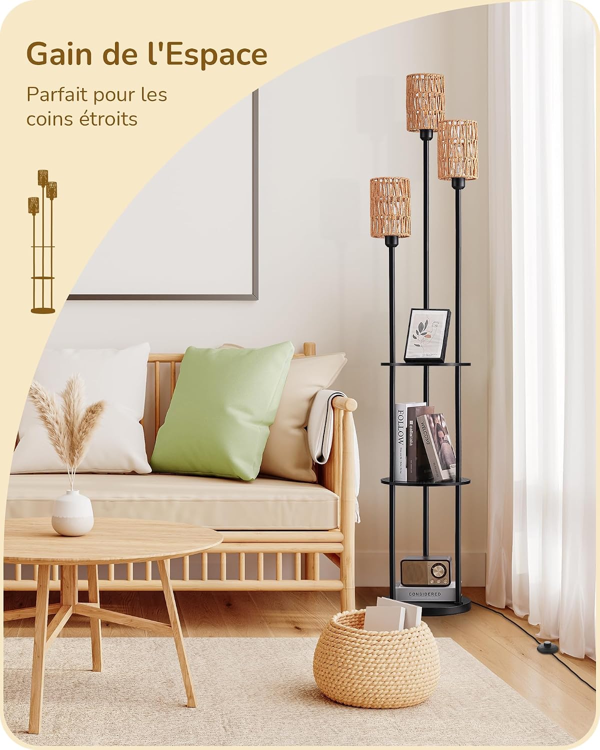 Detalle 2 de EDISHINE DHLFL16H vloerlamp met rotan kap, 3 E27-ledlampen en planken