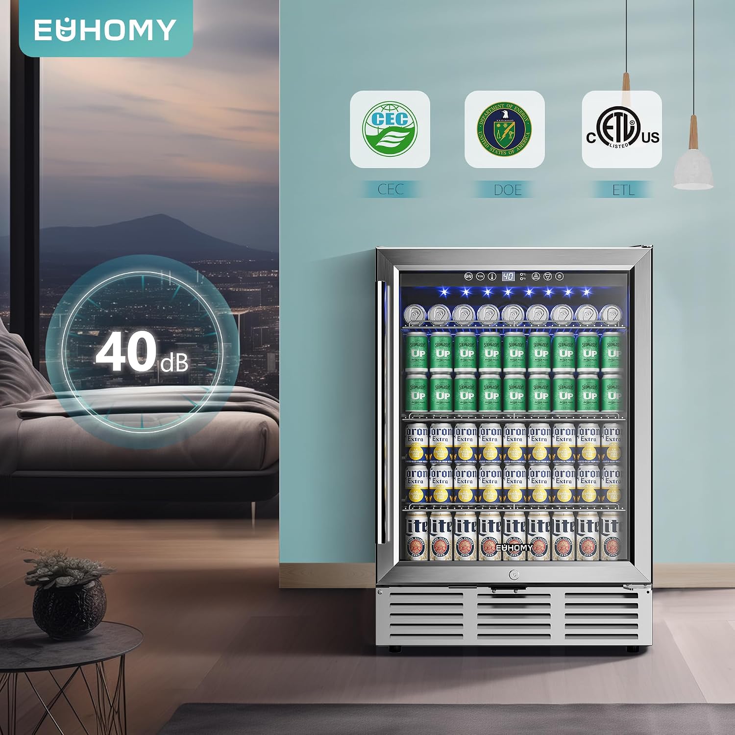 Detalle 2 de EUHOMY BRU-04 24-Inch Beverage Refrigerator, 180-Can, Built-In or Freestanding