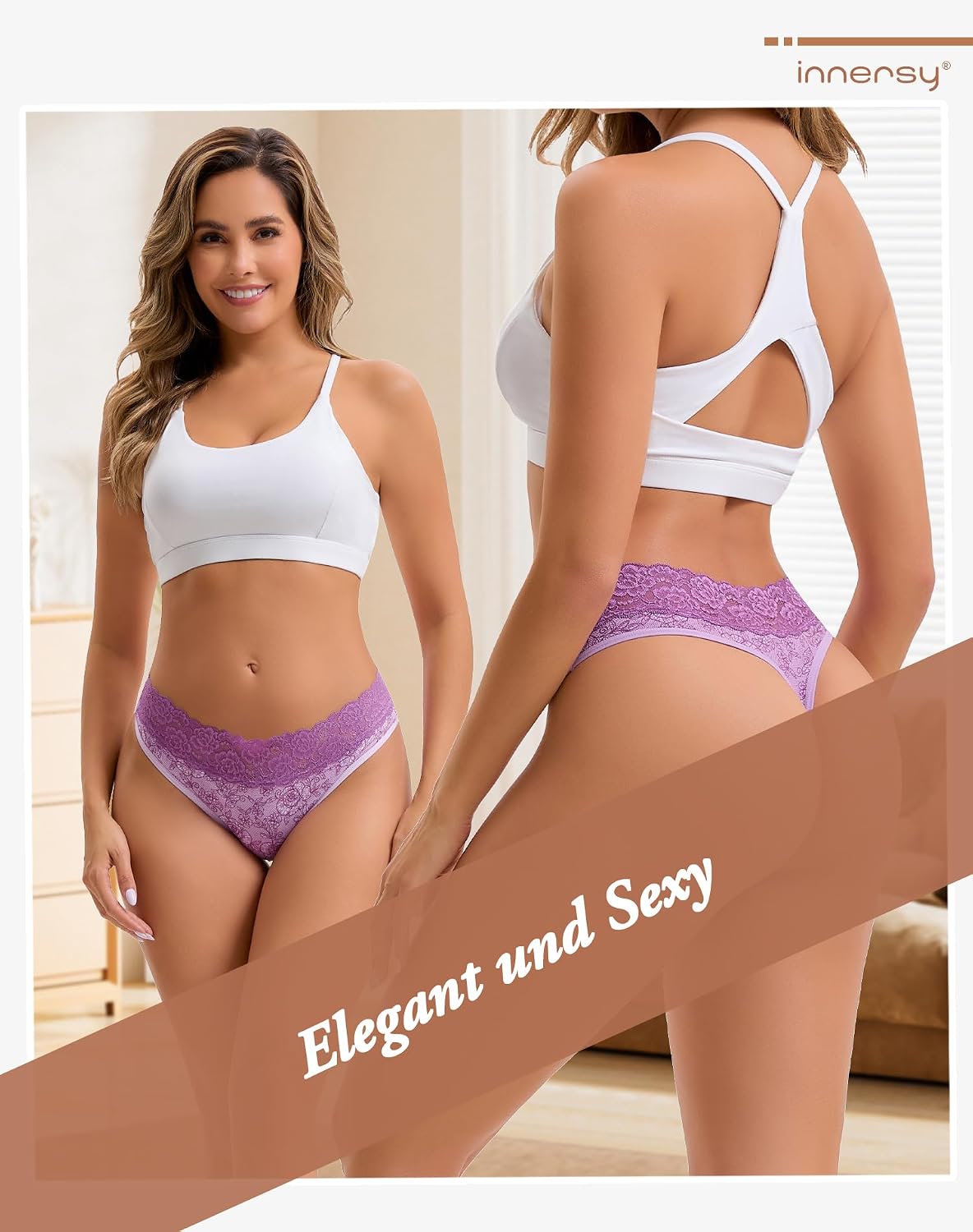 Detalle de INNERSY String Tanga Damen mit Spitze (6er Pack) aus Stretch-Baumwolle