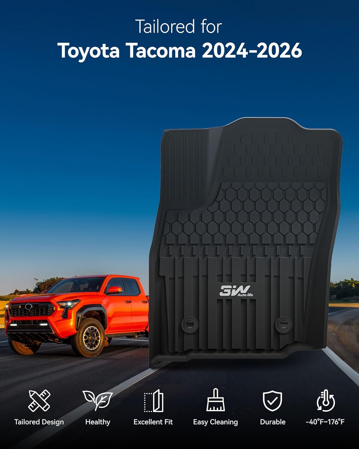 Thumbnail 5 de 3W TPE Floor Mats for 2024-2026 Toyota Tacoma Double Cab (Auto) — Custom Fit All-Weather Liners