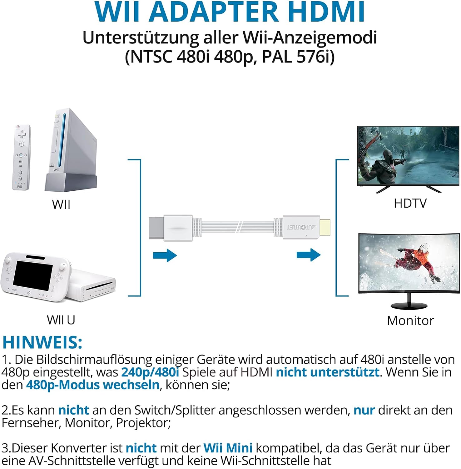 Detalle 2 de AUTOUTLET Wii HDMI Adapter: 1080p/60Hz direkter HDMI-Ausgang aus der Wii – 4:3/16:9 Konvertierung, Plug & Play