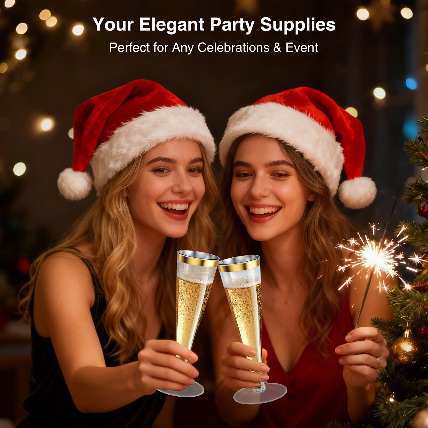 Detalle de Torchero 100 Pack Champagne Flutes: Gold Rim, 4.5oz Disposable Plastic Glasses