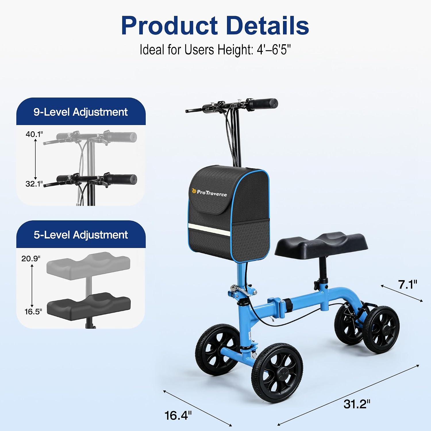 Thumbnail 6 de ProTraverce HH90S Foldable Knee Scooter with 8-Inch PU Wheels and Dual Brakes