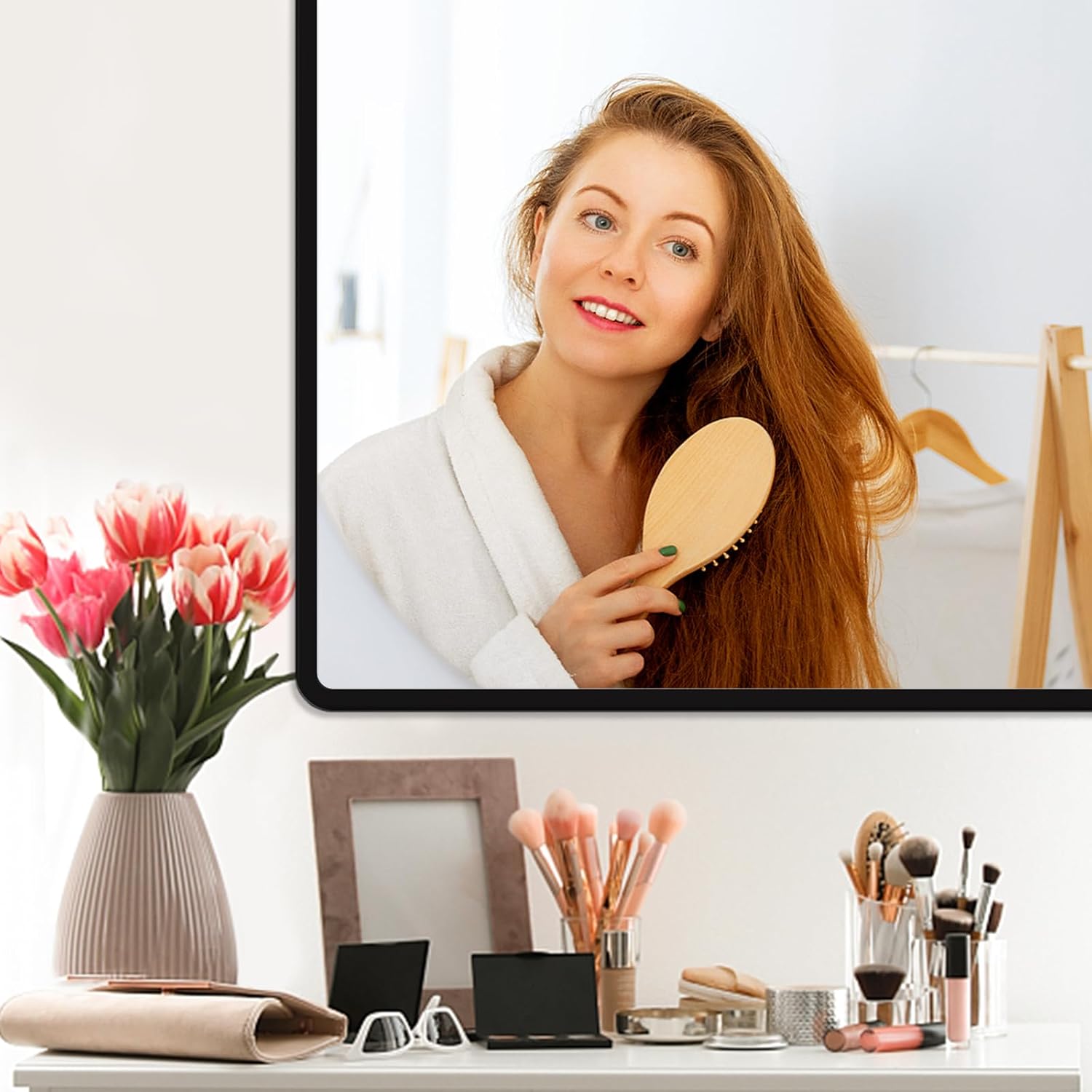 Thumbnail 4 de pertetey New Upgrade Bathroom Mirror 36x30 Black Metal Frame, Tempered Glass Wall Mounted Vanity Mirror