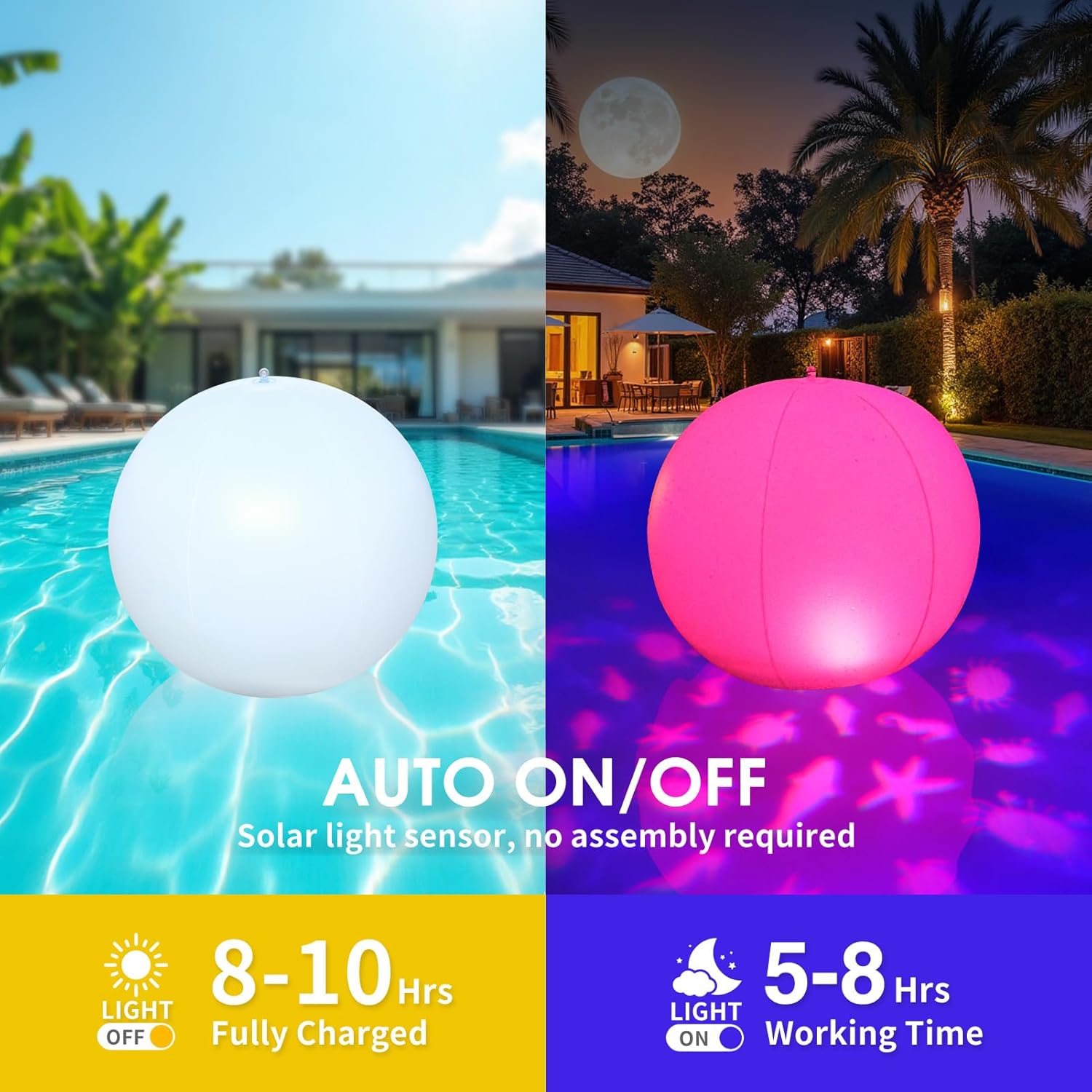 Thumbnail 2 de Luxfero Lampe Flottante Solaire LED – Balle Gonflable Piscine 35 cm (4 Pièces) avec Projection d’Animaux et Étanchéité IP68