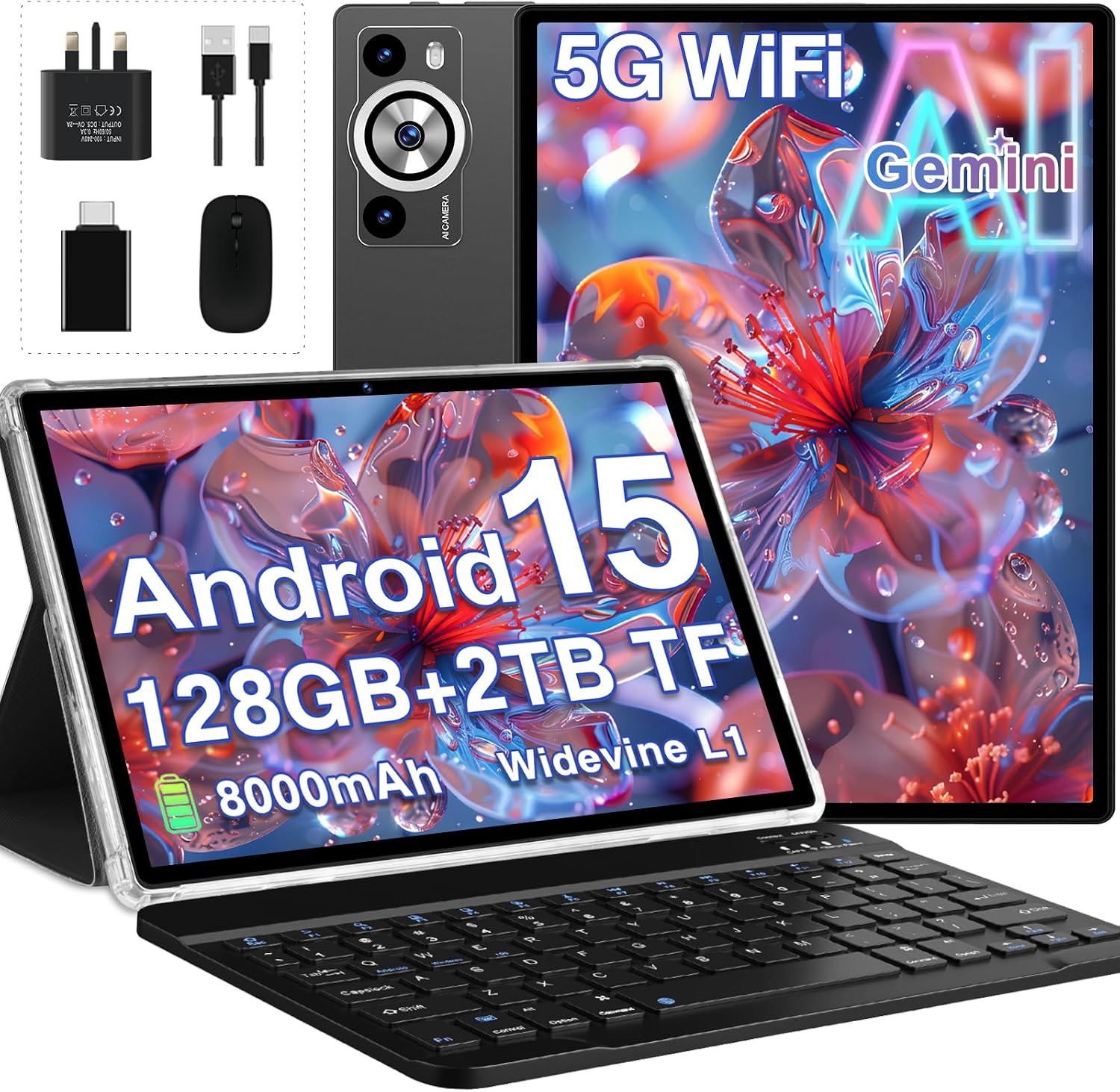 Detalle de Tablet 10 Inch Android 15 with Gemini AI, 30GB RAM & 128GB ROM (TF 2TB) — Keyboard & Mouse Included