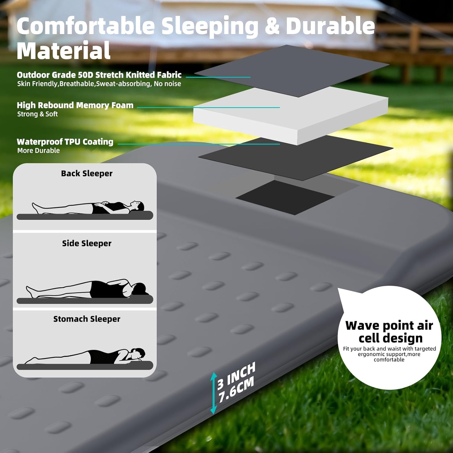Thumbnail 4 de KASIMO Memory Sleeping Pad for Camping: Ultra-Thick 7.6cm Foam Mat with Pillow, 195 x 70.5 cm