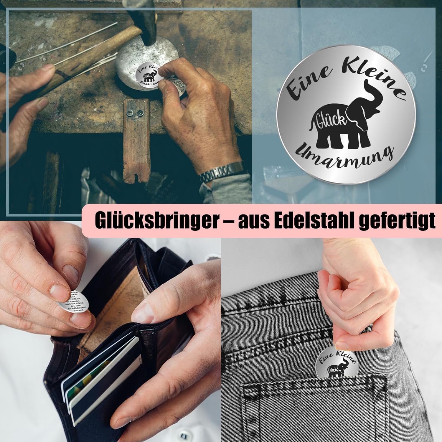 Detalle 2 de Tixlux Pocket Hug „Positiver Elefant“ – Strick-Dekofigur mit Edelstahl-Glücksbringer als Mutmacher-Geschenk