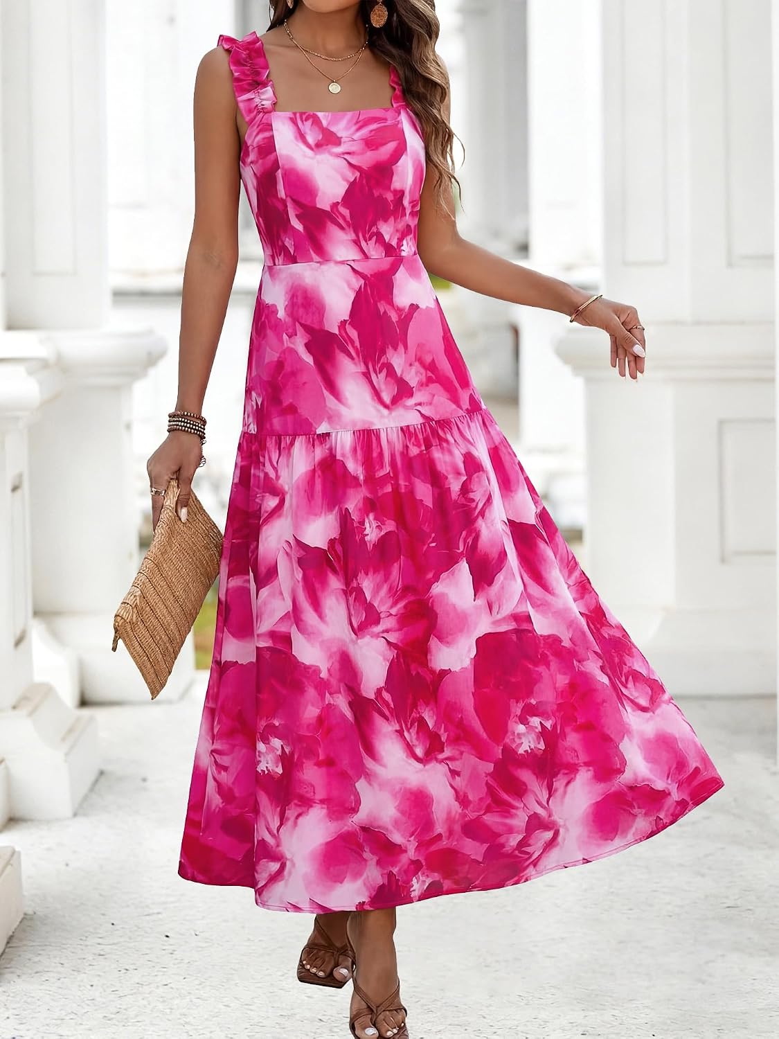 Thumbnail 1 de BTFBM Floral Maxi Dress for Women — Summer 2026 Sleeveless Smocked Long Wedding Guest Dress