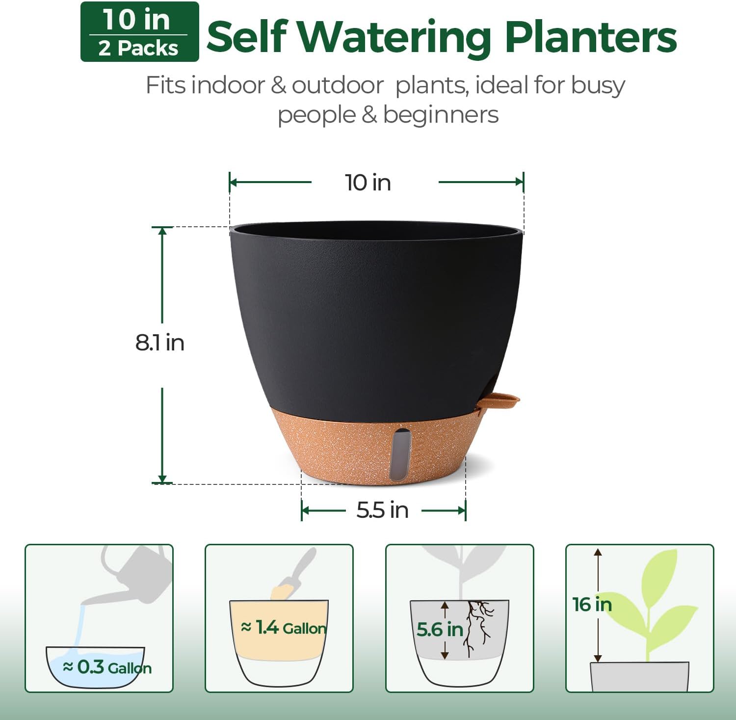 Detalle de T4U Self-Watering Plant Pots, 25 cm Black 2-Pack with Water-Level Window