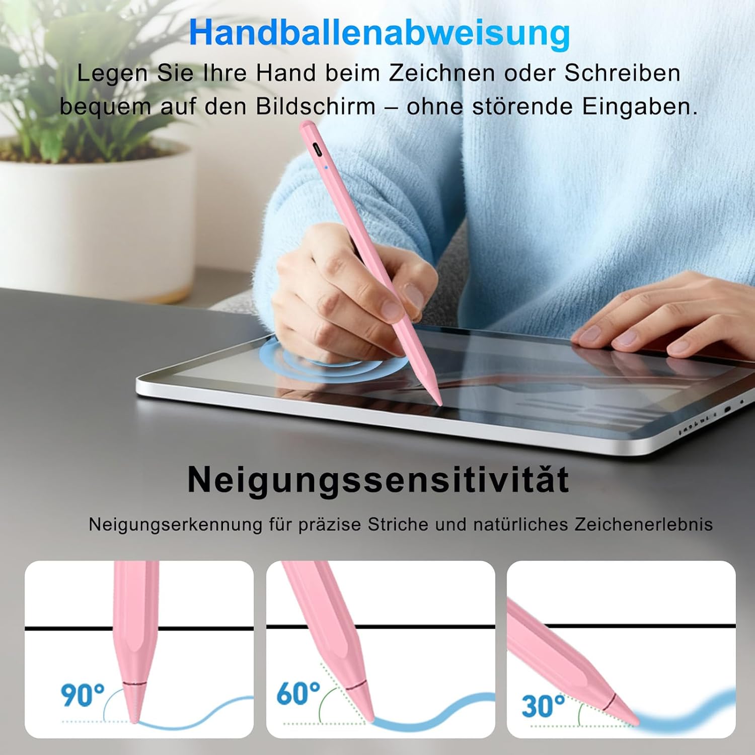 Detalle de BLEBLE Stylus Pen für iPad (2018–2025) mit Schnellladung und Handflächenerkennung – passend für iPad 11/10/9/8/7/6, Air, Pro und mini (Rosa)