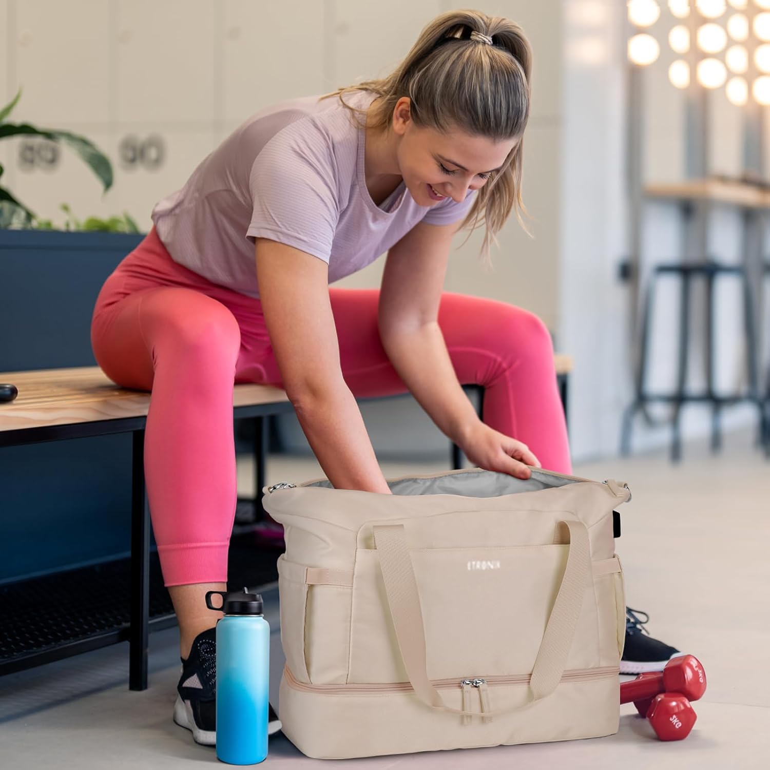 Detalle de ETRONIK Gym Bag Womens: Versatile 45x36x20cm Travel Duffel with Wet Pocket, Shoe Compartment and USB Charge