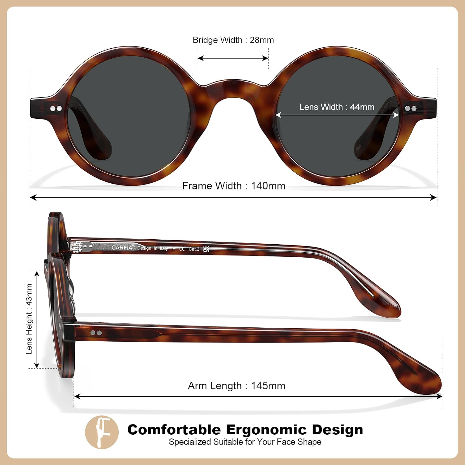 Thumbnail 4 de CARFIA Retro Round Polarised Sunglasses Mens, Italian Acetate UV400 Protection CA2501