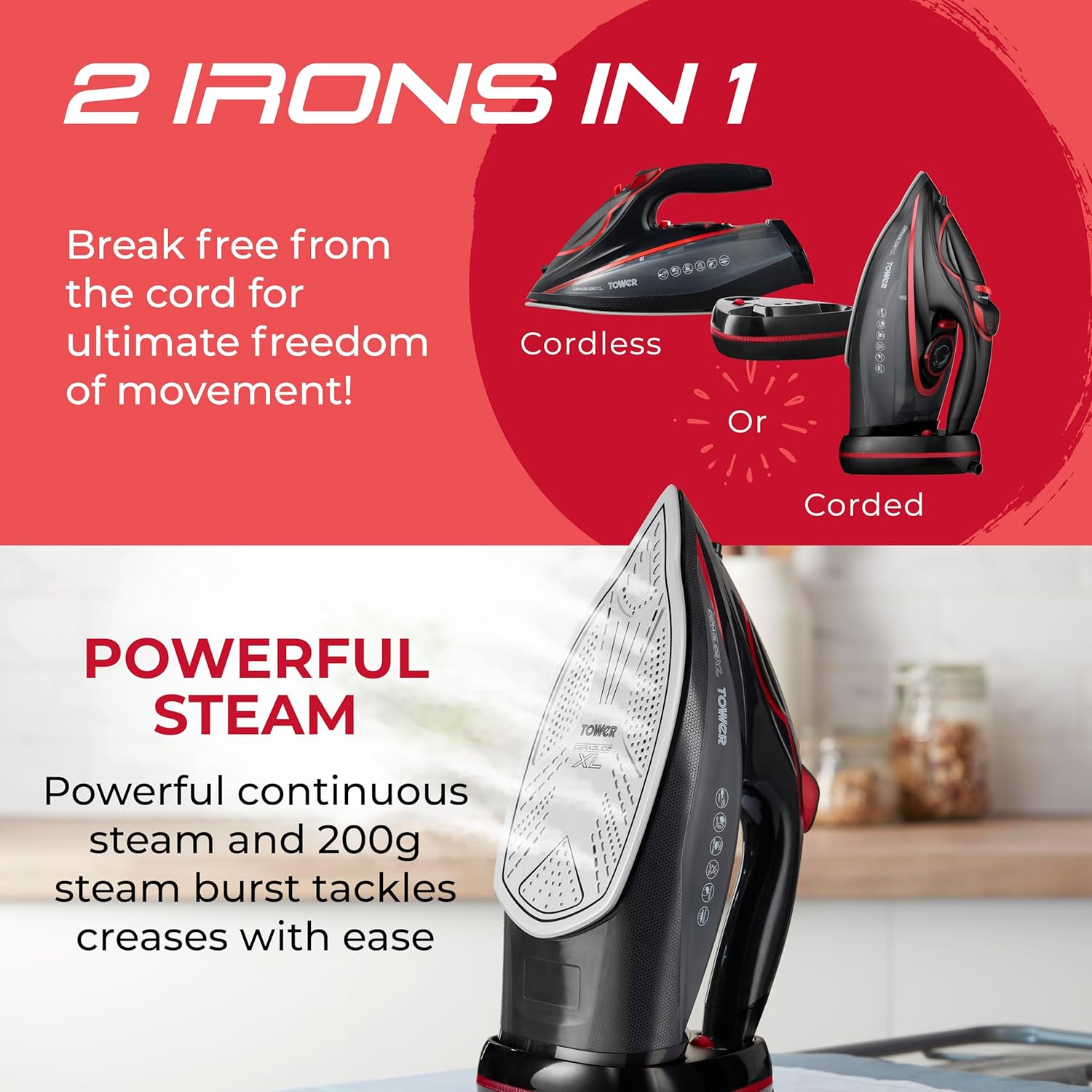 Thumbnail 4 de Tower Cordless Steam Iron 3100W (T22035RED): Corded or Cordless with XL Ceraglide Soleplate