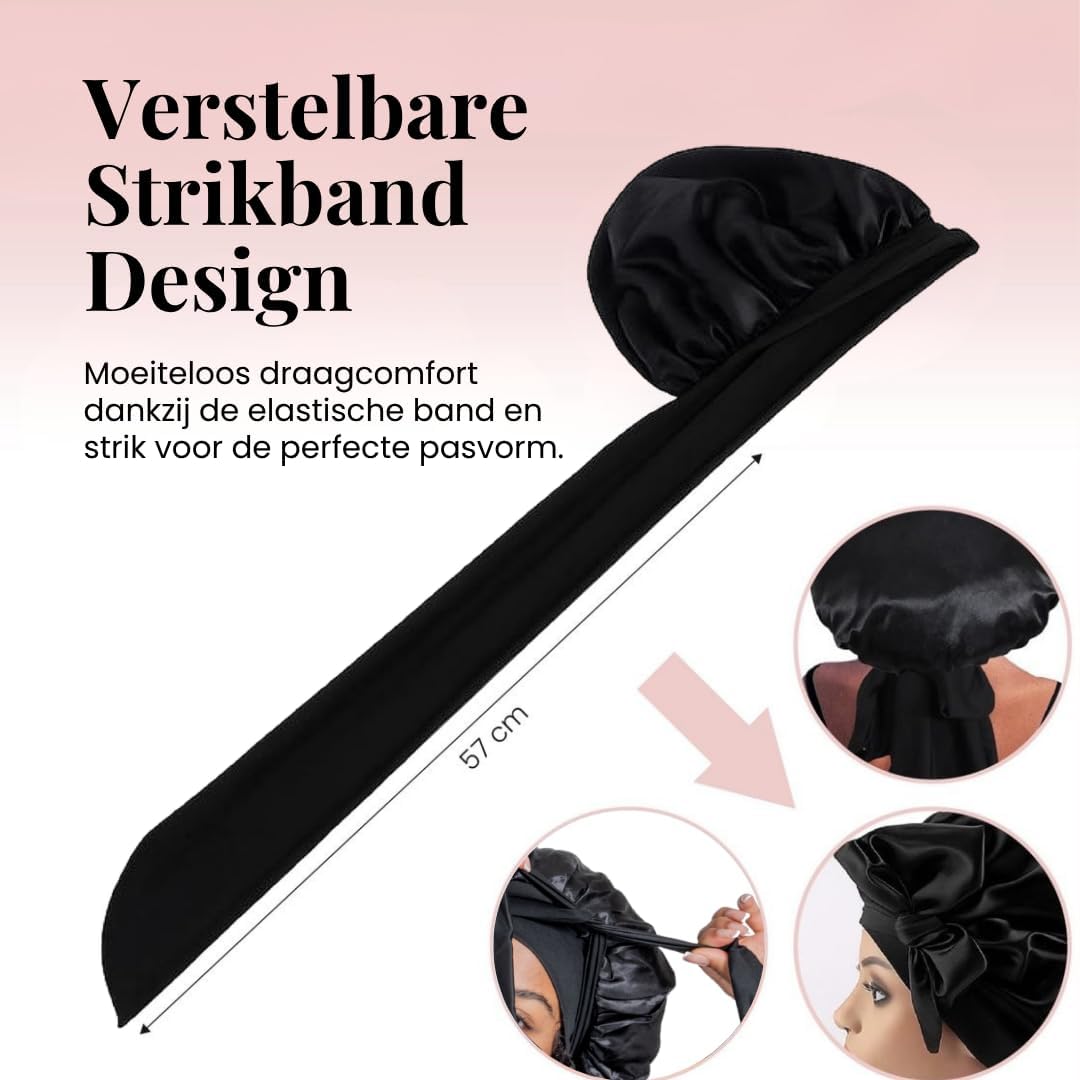 Detalle de Beyeza satijnen slaapmuts 2 stuks, dubbel gevoerd, 36 cm, zwart
