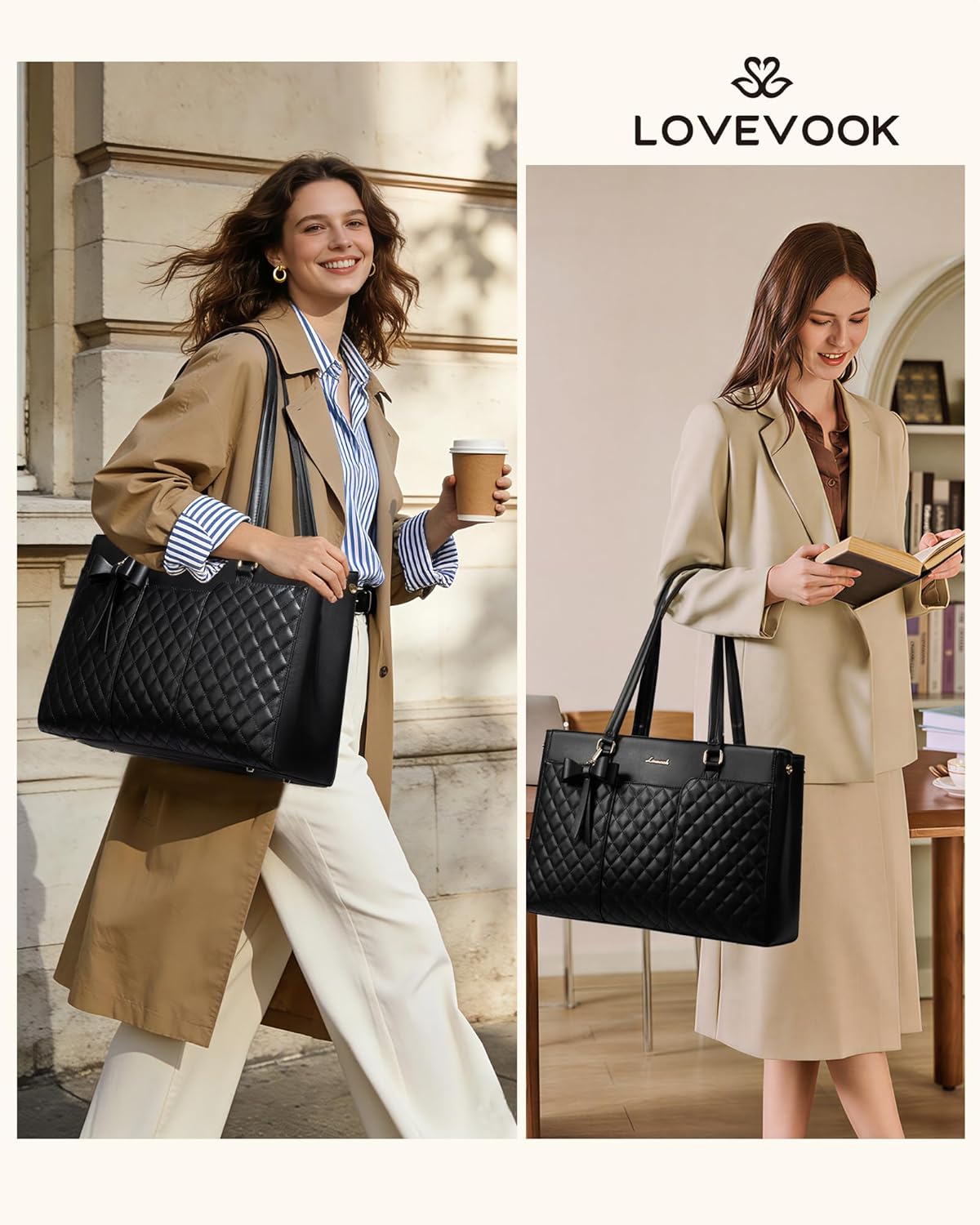 Thumbnail 1 de LOVEVOOK Damen Handtasche groß mit Laptopfach bis 17,3 Zoll – Steppmuster Arbeitstasche & Shopper
