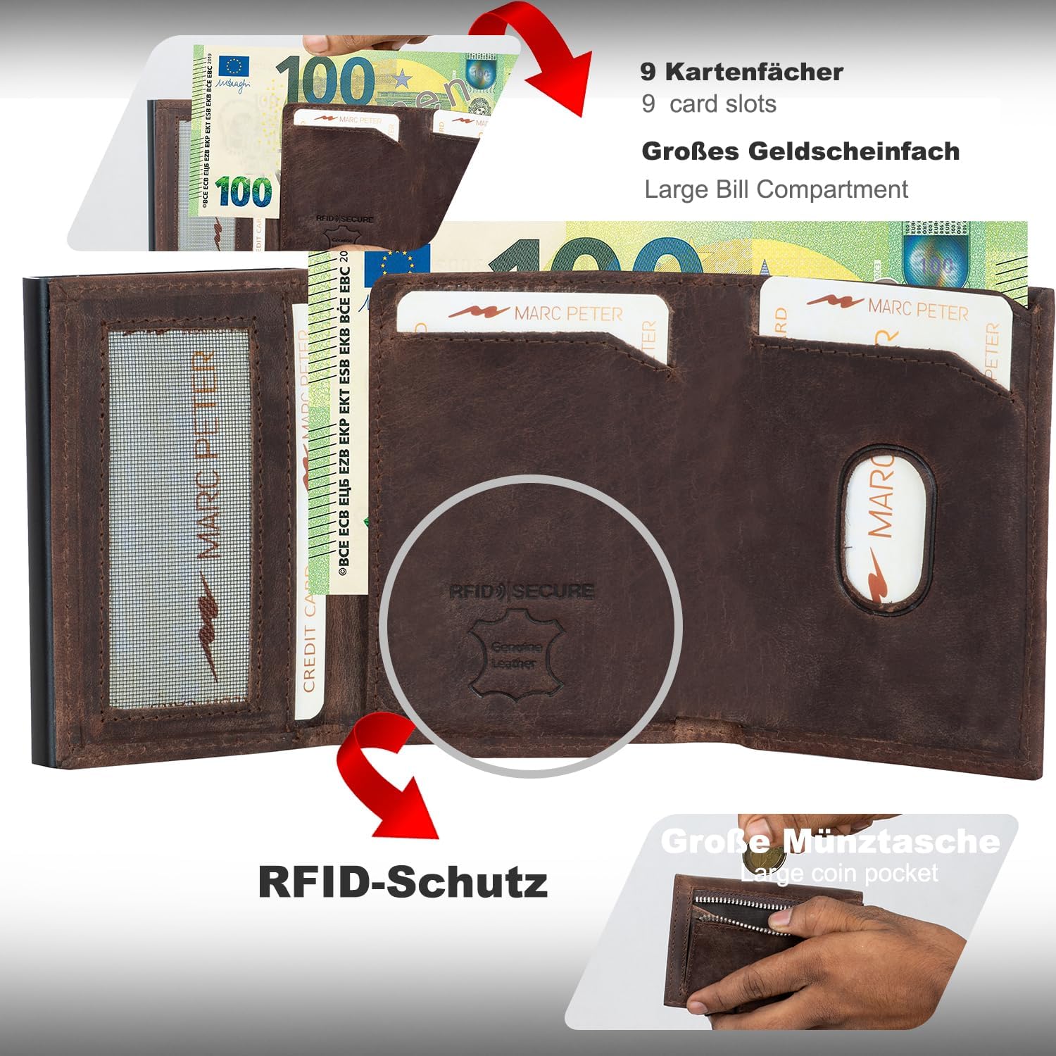 Thumbnail 1 de Marc Peter Chicago Vintage Braun Leder Push AirTag-Geldbörse mit Münzfach (RFID-Schutz), kleines Mini-Portemonnaie