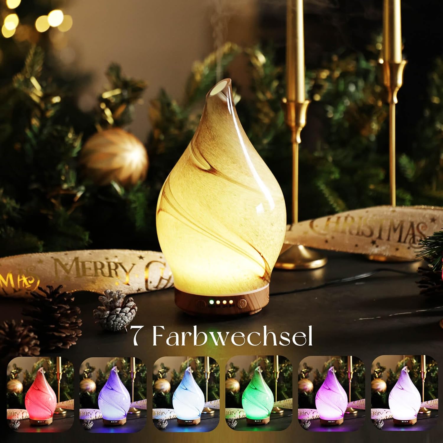 Detalle de Porseme Aroma Diffuser 150 ml aus handgeblasenem Glas mit Ultraschall, 7 Farb-LED & Timer (BPA-frei, Desert)
