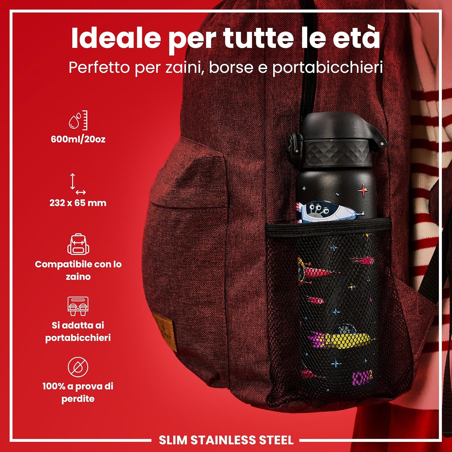 Detalle de Ion8 Borraccia Inox Leggero 600 ml – non isolata, a prova di perdite, lavabile in lavastoviglie