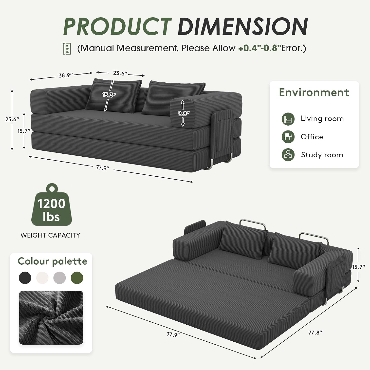 Detalle de GRUSIGN SF-CYL 78-Inch Convertible Futon Sofa Bed, Dark Gray Corduroy