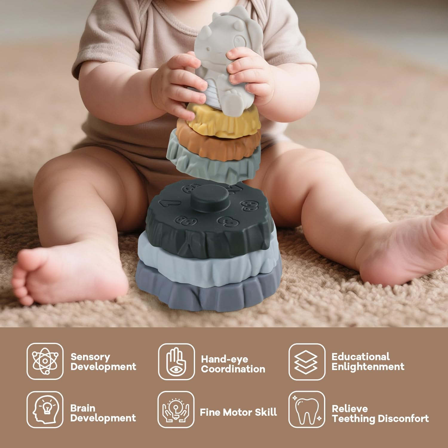 Thumbnail 5 de Yrkidstoi Stacking & Nesting Baby Toy: 7‑Piece Soft Ring Stacker with Dinosaur