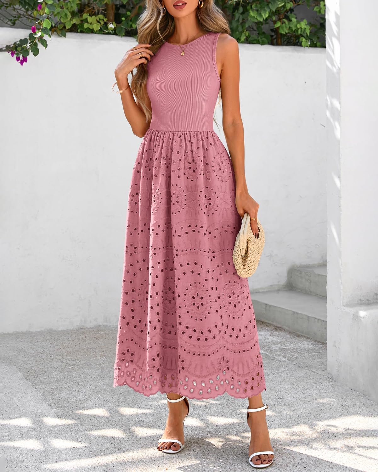 Detalle de Dowerme 2026 Boho Lace Eyelet Maxi Dress with Pockets – Sleeveless Crewneck A-Line