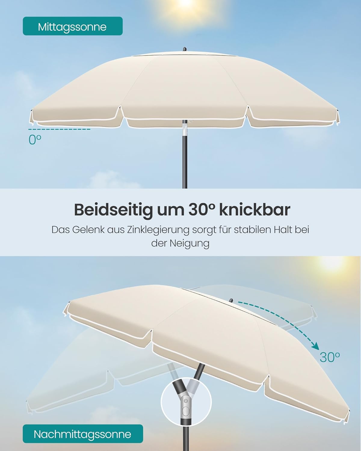 Thumbnail 2 de SONGMICS Sonnenschirm 180 cm mit UPF 50+, beidseitig um 30° knickbar und höhenverstellbar (beige, ohne Ständer) GPU062LZ01