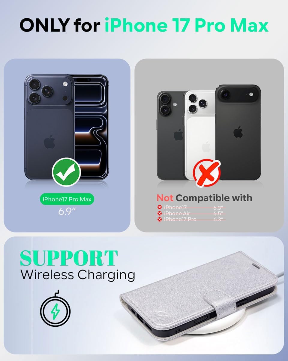 Detalle de OCASE Hülle für iPhone 17 Pro Max 5G mit Kartenfach, Magnet & RFID-Blocker (Leder, Silber)