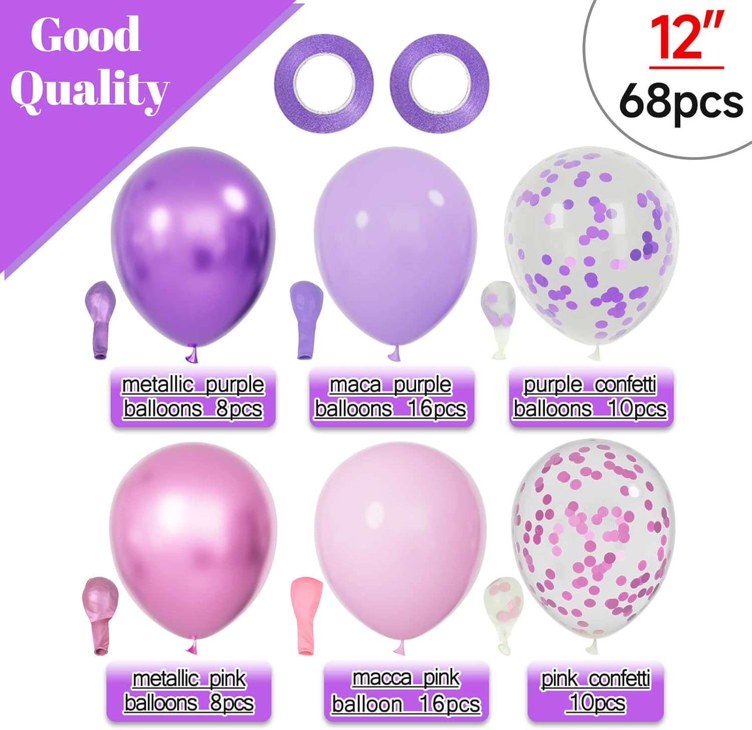 Thumbnail 1 de 68-Piece Pink and Purple Balloons (12 Inch) Metallic, Macaron & Confetti Latex Set with Ribbons