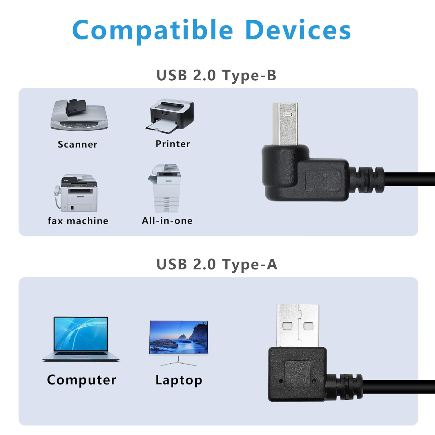 Detalle de Xilaghy 90 Degree Short USB Printer Cable 25cm (2-Pack) — Right-Angle USB 2.0 A Male to B Male for Printers, Scanners, and Peripherals