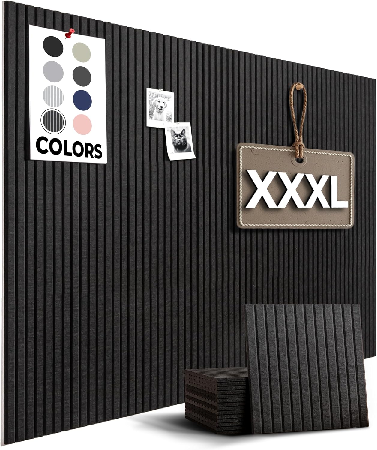 Detalle de WallHero 15x_12inch_slat Large Felt Bulletin Board, 15 Black Tiles