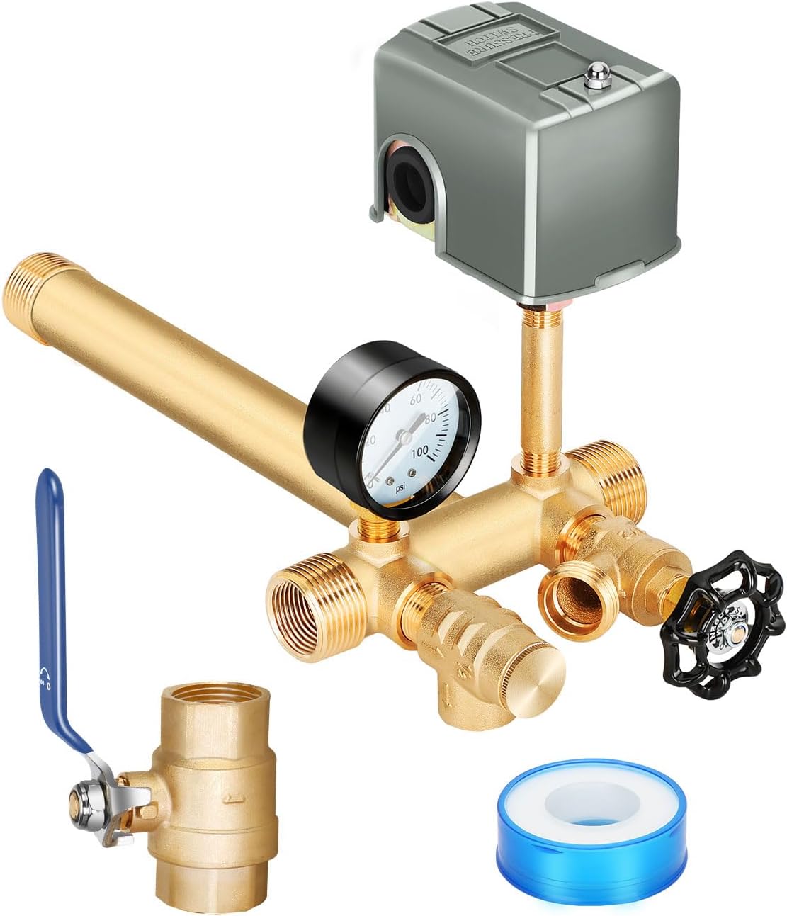Detalle de Miumoon 1" x 11" Well Pressure Tank Tee Kit, 40/60 Switch, Brass