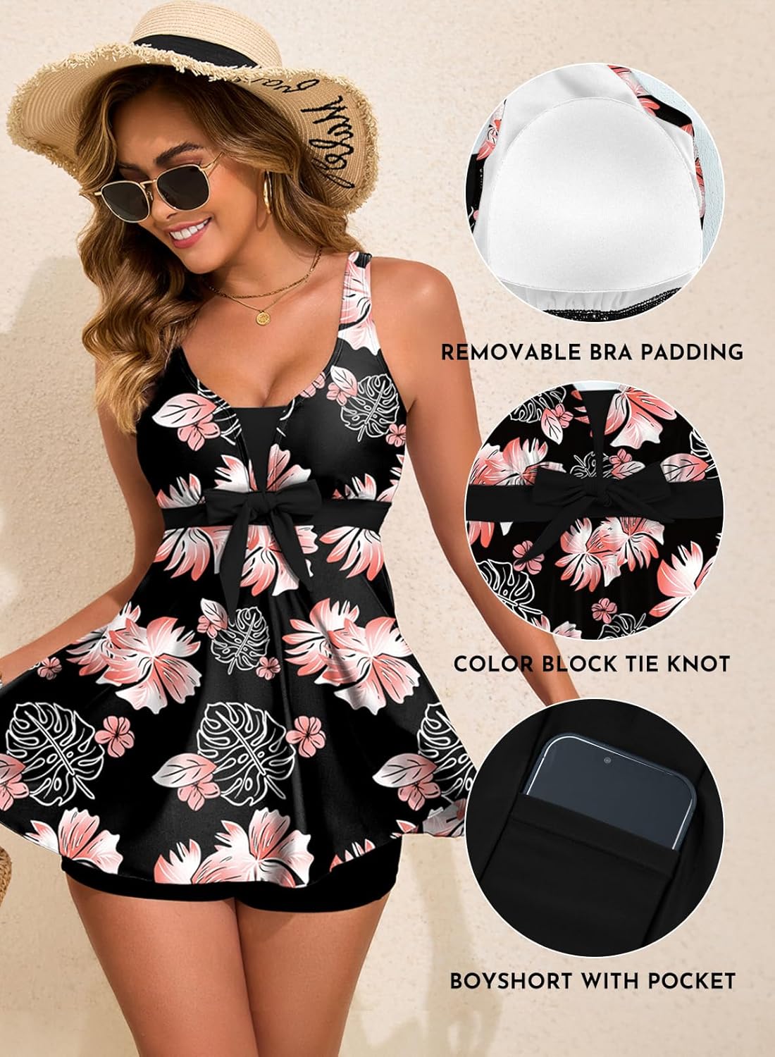 Thumbnail 3 de Aleumdr Women Printed Two-Piece Tankini Swimsuit with Pockets and High-Waisted Bottom