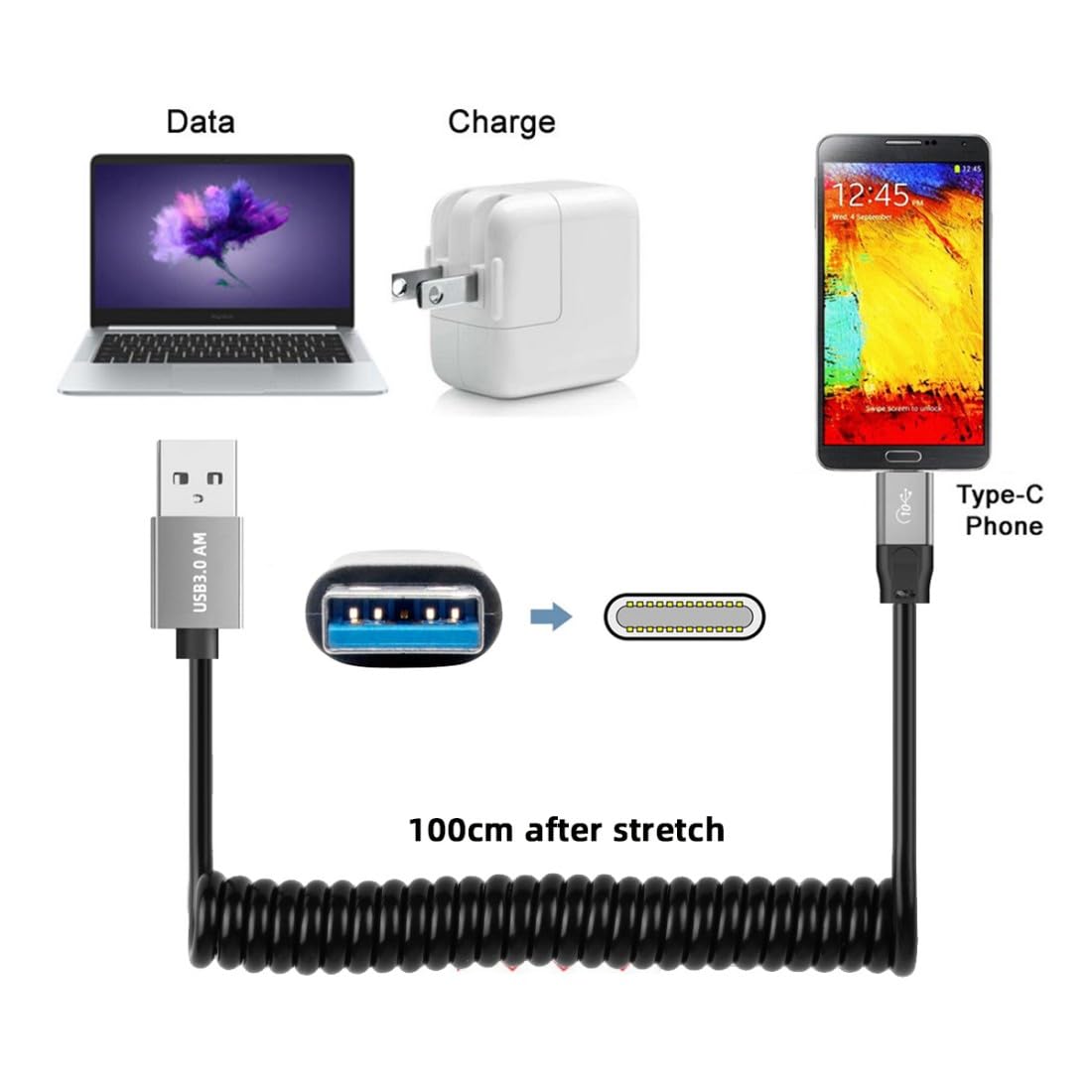 Detalle de chenyang USB 3.0 Spiralkabel – USB C auf USB 3.0 Stecker, 1,0 m Spiralarm, Hochgeschwindigkeits-Datenübertragung