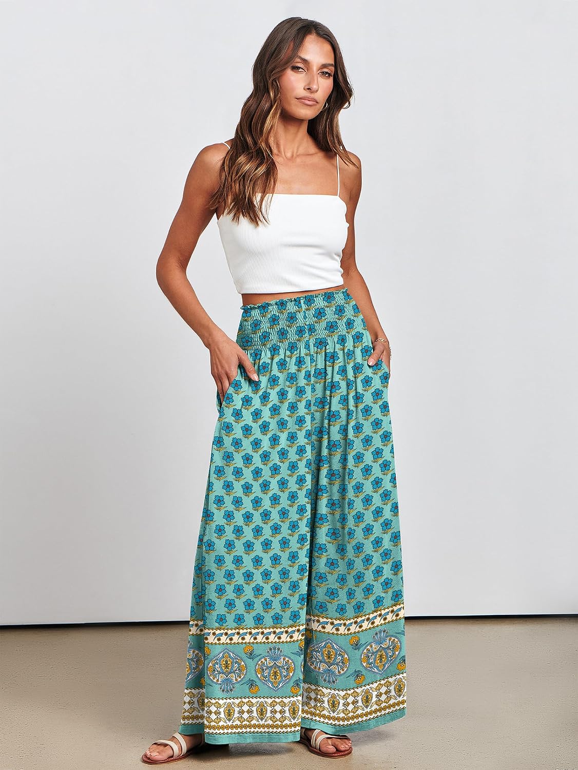 Detalle de ANRABESS Women Palazzo Pants Summer Boho Bagyy Wide Leg High Smocked Waist with Pockets