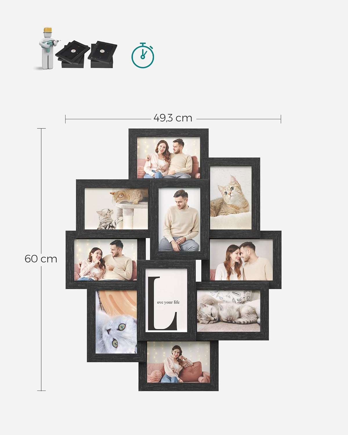 Thumbnail 2 de SONGMICS Black Collage Photo Frame (family frame for 10 photos, 4x6 inch) – MDF board, assembly required