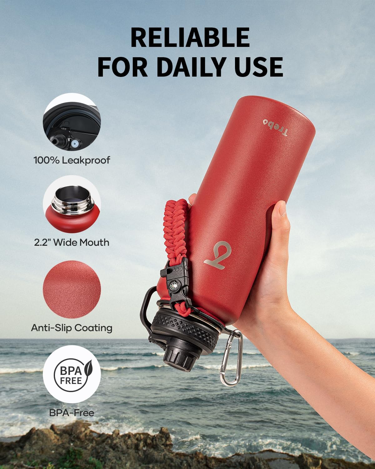 Detalle de Trebo Borraccia Termica 1183 ml con Cannuccia e Paracord – Acciaio Inox, tre coperchi, bocca larga, rosso