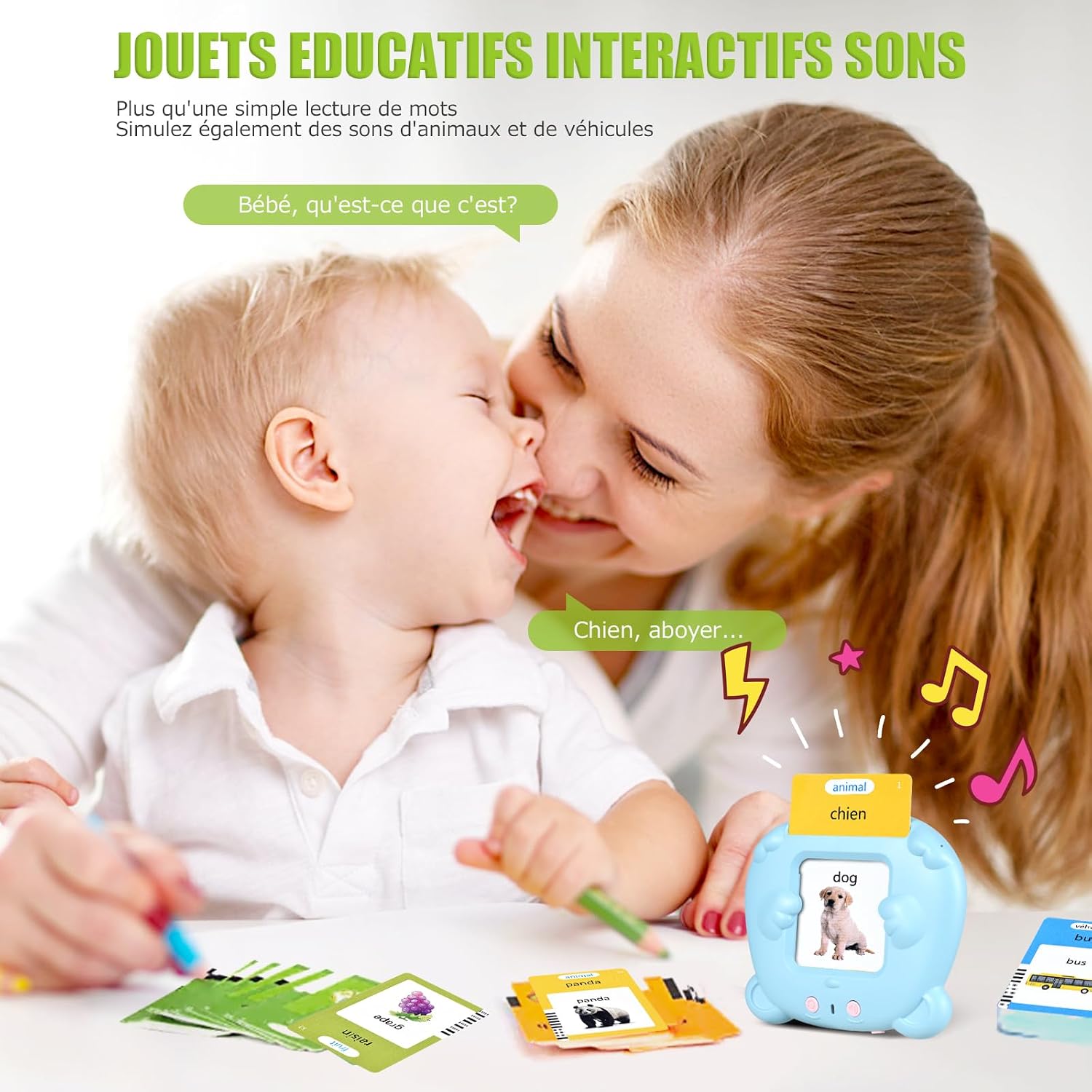 Detalle 2 de Cartes Flash Parlantes Montessori – 112 cartes, 224 mots, bilingue FR/EN (Bleu) – Jeu éducatif sans écran