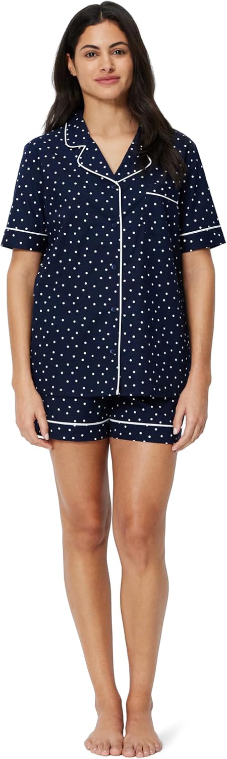 Detalle de Amazon Essentials Damen Schlafanzug aus Baumwoll-Stretch-Popeline, Kurzarm + Shorts